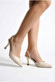 Women's Beige Leather-Look Asymmetrical Strap Pointed Toe Thin Heeled Shoes - 5