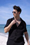 Black Color Shirt Shorts Men's Linen Set - 2