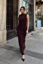 Brown Sassy Sleeveless Waist Draped Slit Women Dress - 3