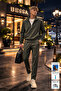 Khaki Stand Collar Tracksuit Set Striped Vortex Fabric Straight Leg Zipper Pocket Men's