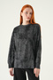 Black Patterned Crew Neck Blouse 8363A