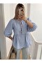 Blouse Bow Balloon Sleeve Blue Straight Line Poplin Women's Blouse