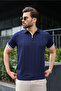 Navy Blue Polo Collar Zippered Men's T-Shirt - 6876 - 2