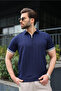 Navy Blue Polo Collar Zippered Men's T-Shirt - 6876 - 4