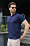Navy Blue Polo Collar Zippered Men's T-Shirt - 6876