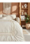 Raw Linen Cream Pompom Double Duvet Cover Set - 4