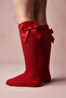 Girls' Red Ribbed Knee-Length School Socks with Ribbon Bow - 4