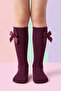 Girl's Ribbon Bow Ribbed Purple Knee-Length School Socks - 3