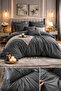 Ranforce 100% Cotton Solid Color Anthracite Single Duvet Cover Set with Elastic Sheet and 2 Pillows