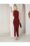 Women's Burgundy Slit Zero Sleeve Sandy Fabric Midi Length Dress - 9