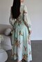 Green Stone Embellishment Detailed Belted Lined Maxi Long Premium Design Linen Dress - 2