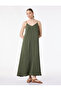 Aerobin Fabric Wooden Bead Detailed Long Satin Dress with Rope Straps