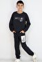 Boy's Tracksuit Set with Lettering Printed and Pants with Detailing, Ages 5-10, Smoked Melange - 2