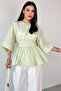 Blz-06285 Mint Green Round Neck Double Sleeve Side Zipper Pleated Blouse - 6