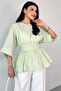 Blz-06285 Mint Green Round Neck Double Sleeve Side Zipper Pleated Blouse - 5