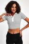 Women's Striped Polo Collar Crop Blouse Stretchy Fabric Black White Short Sleeve Blouse - 6