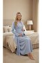 New Season Blue Melange Shawl Collar Short Sleeve Buttoned Stylish Full Length Maternity Pajama Nightgown Set - 5