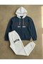 Boston Printed Double Color Hooded Zippered Oversize Sweatshirt and Sweatpants 2-Piece Set Three Yarns - 2