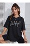 Wifey Heart T-Shirt - Black Printed Oversize Crew Neck Short Sleeve Loose - 4