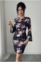Women's Navy Blue Rose Patterned Stone Look Glitter Printed Cross Collar Spanish Sleeve Lycra Viscose Dress - 2