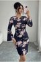 Women's Navy Blue Rose Patterned Stone Look Glitter Printed Cross Collar Spanish Sleeve Lycra Viscose Dress