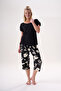 Short Sleeve Underarm Geometric Patterned Sleeve Lace Detailed Bamboo Fabric Women's Capri Suit 26405 - 5