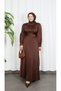 Elegant Satin Textured Belt Detailed Hijab Dress Bitter Coffee Hnt5855