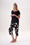 Short Sleeve Underarm Geometric Patterned Sleeve Lace Detailed Bamboo Fabric Women's Capri Suit 26405 - 3