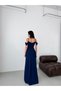 Navy Blue Thin Strap Low Sleeve Stone Embroidered Evening Dress - 6