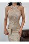 Beige Backless Sequined Long Evening Dress - 4