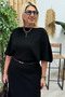 Black Boat Neck Bat Sleeve Knitwear Dress with Belt at the Waist - 4