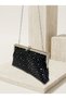 Black Color Satin Soft Leather Metal Stone Pearl Detailed Chain Strap Crystal Stone Women's Evening Dress Bag - 6