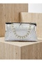 Ecru Color Soft Leather Metal Stone Pearl Detailed Chain Strap Crystal Stone Women's Evening Dress Bag - 5