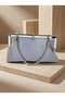 Gray Color Satin Soft Leather Metal Stone Pearl Detailed Chain Strap Crystal Stone Women's Evening Dress Bag - 5