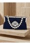 Navy Blue Color Satin Soft Metal Stone Pearl Detailed Chain Strap Crystal Stone Women's Evening Dress Bag - 5