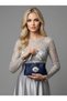 Navy Blue Color Satin Soft Metal Stone Pearl Detailed Chain Strap Crystal Stone Women's Evening Dress Bag