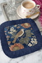 Luxury Bird and Flower Motif Fringed Presentation Napkin - Vintage Rustic Navy Blue Coaster Tissue - 8