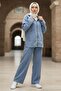 Front Zippered Kangaroo Pocket Double Denim Set Hm2880 Light Blue