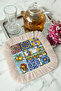 Colorful Mediterranean Mosaic Tasseled Presentation Napkin - Artistic Ethnic Blue Yellow Cream Coaster Tissue - 2