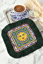 Mediterranean Sun Motif Fringed Presentation Napkin - Cheerful Retro Blue Green Coaster Tissue - 5