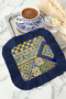 Mediterranean Motif Fringed Presentation Napkin - Colorful Mosaic Bohemian Navy Blue Yellow Coffee Presentation Handkerchief