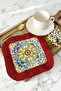 Italian Roman Patterned Fringed Presentation Napkin - Mediterranean Bohemian Blue Yellow Red Coaster Napkin - 2