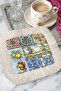 Colorful Mediterranean Mosaic Tasseled Presentation Napkin - Artistic Ethnic Blue Yellow Cream Coaster Tissue - 4