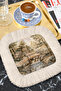 Classic Stylish Fringed Coffee Side Serving Napkin - Nostalgic Garden View Vintage Beige Presentation Napkin