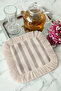 Striped Elegant Fringed Serving Cocktail Napkin - Pastel Rustic Beige Natural Tone Coaster Tissue - 3