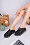 Brenda Model Genuine Leather Black Leather Perforated Thick Sole Women's Slippers - 5