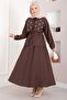 Stone Embellished Waist Tunnel Skirt Suit in Brown