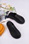 Brenda Model Genuine Leather Black Leather Perforated Thick Sole Women's Slippers - 4