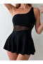 Women's Tulle Detailed One-Shoulder Strap Gathering Black Swimsuit - 2
