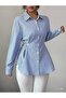 Blue and White Striped Women's Shirt Ruched Waist Long Sleeve Buttoned Office & Casual Chic Shirt - 4
